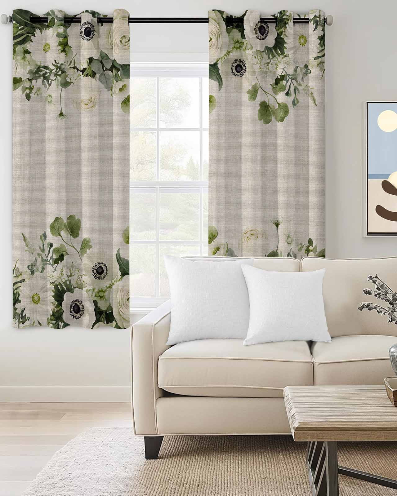 Spring Flower Blackout Curtains 63 Inch Length Watercolors White Wildflowers Green Leaves Linen Texture Thermal Insulated Window Curtain Window Drapes 2 Panels for Bedroom Living Room 52"Wx63"L