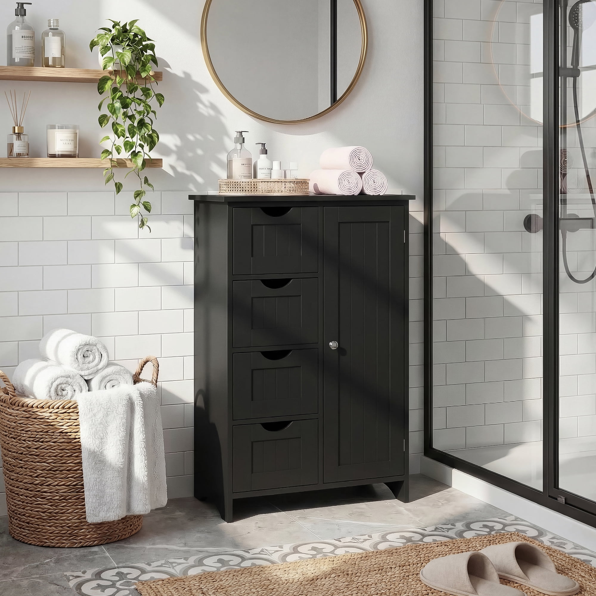 Furmax Wooden Bathroom Floor Cabinet with 4 Drawers, 1 Adjustable Shelf & 1 Cupboard，Side Storage Organizer Storage Cabinet for Bathroom, Entryway, Black