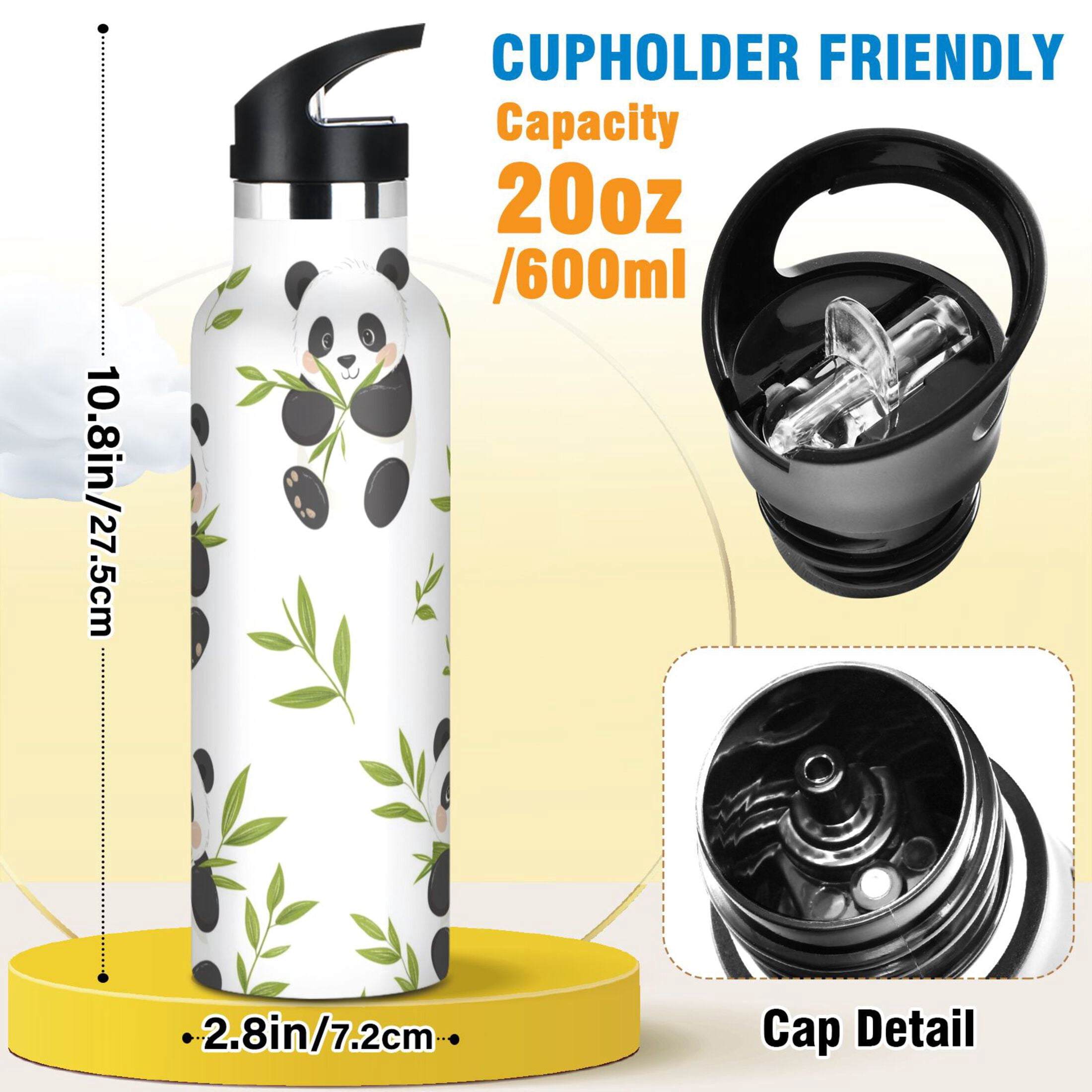 Kids Insulated Stainless Steel Sports Water Bottle 600ml (20oz), BPA-Free Panda Eating Bamboo