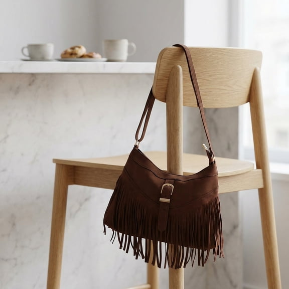 ELAYARD Light Brown Suede Boho Purse with Fringe and Woven Texture for Travel