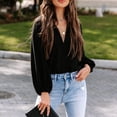 thumbnail image 2 of Blouse à Manches Longues pour Femmes Col en V Profond Resserré Poignets Couleur Unie Coupe Ample Pull Décontracté Noir m, 2 of 6