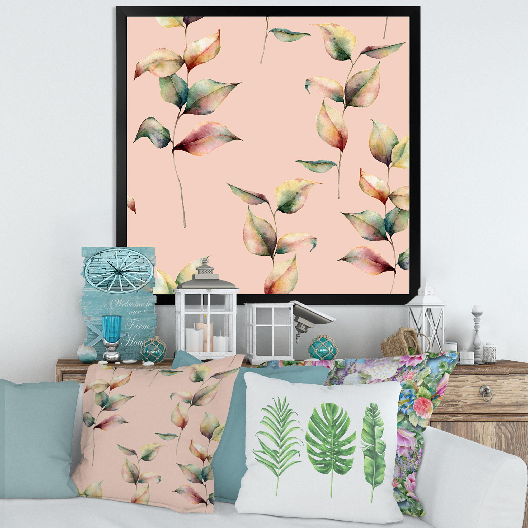 Designart 'Autumn Pink Leaves with Branch On Pastel Colors' Traditional Framed Art Print