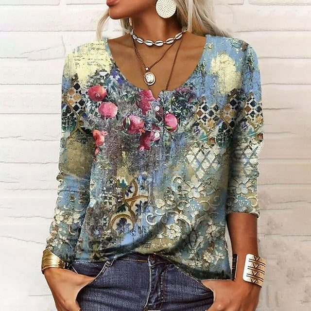 TIMIFIS T-Shirts à Col Rond pour Femmes Manches 3/4 Tunique Ample Mignonne Blouses d'Automne