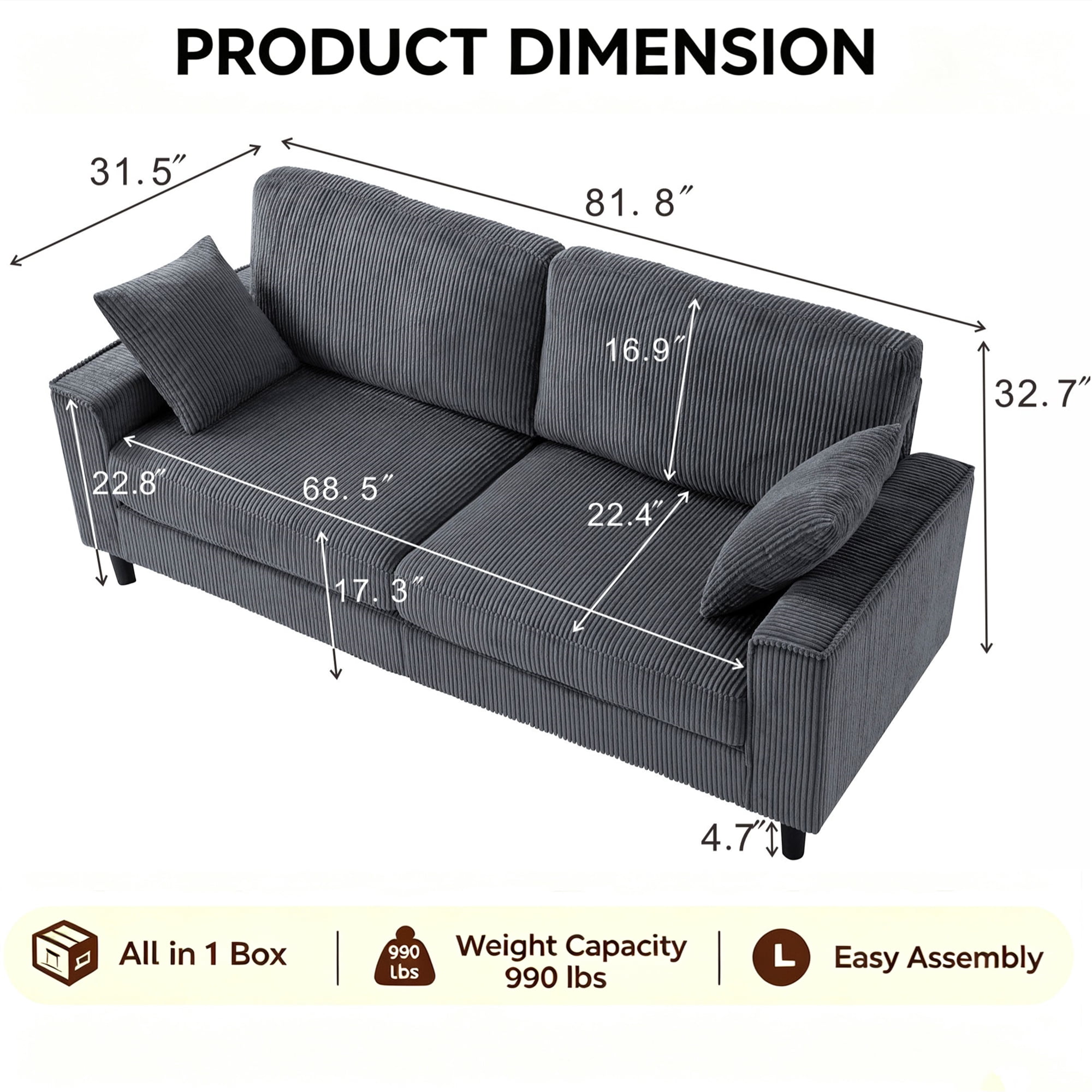 Aukfa 82" Square Arm Sofa 3 Seat Deep Seat Upholstered Couch for Living Room Bedroom, 2 Pillows, Corduroy, Dark Gray