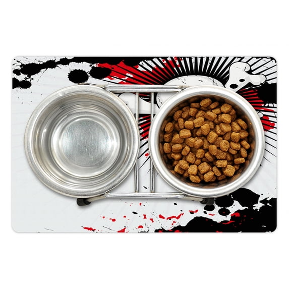 Halloween Pet Mat for Food and Water, Skull with Crossed Bones over Grunge Background Evil Scary Horror Graphic, Non-Slip Rubber Mat for Dogs and Cats, 18" X 12", by Ambesonne