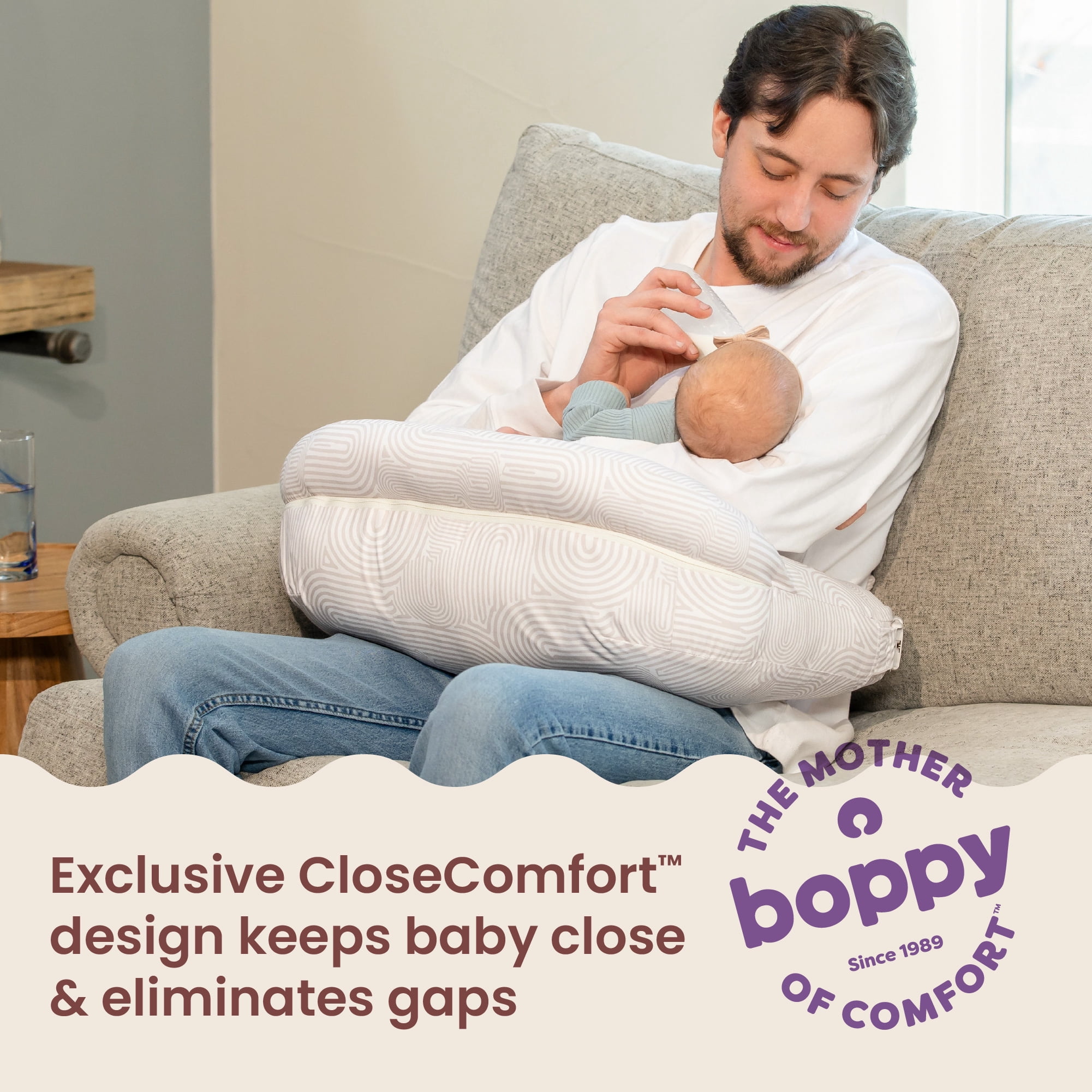 Boppy Complete Nursing Pillow – Ergonomic Bottle and Breastfeeding Pillow – 2-in-1 CloseComfort Design With Belt and Full-Length Positioning Bolster-Oat Retro Arches