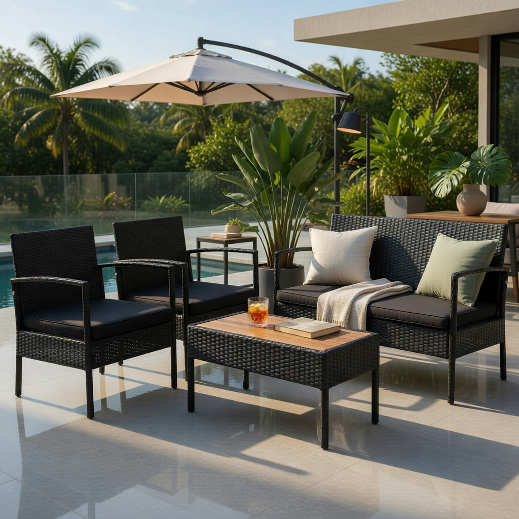 Hommoo 4-Piece Outdoor Rattan Patio Furniture Set with Acacia Wood Coffee Table, Wicker Sofa & Loveseat with Removable Cushions for Backyard, Balcony, or Poolside, Black