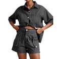 thumbnail image 3 of ibiyuan Women Jogging Suits 2 Piece Set Women's Casual Short Sleeve Button Down Shirt and Shorts Two Piece Set Comfortable Pure Color Outfit for Spring Summer Daily Wear, 3 of 10