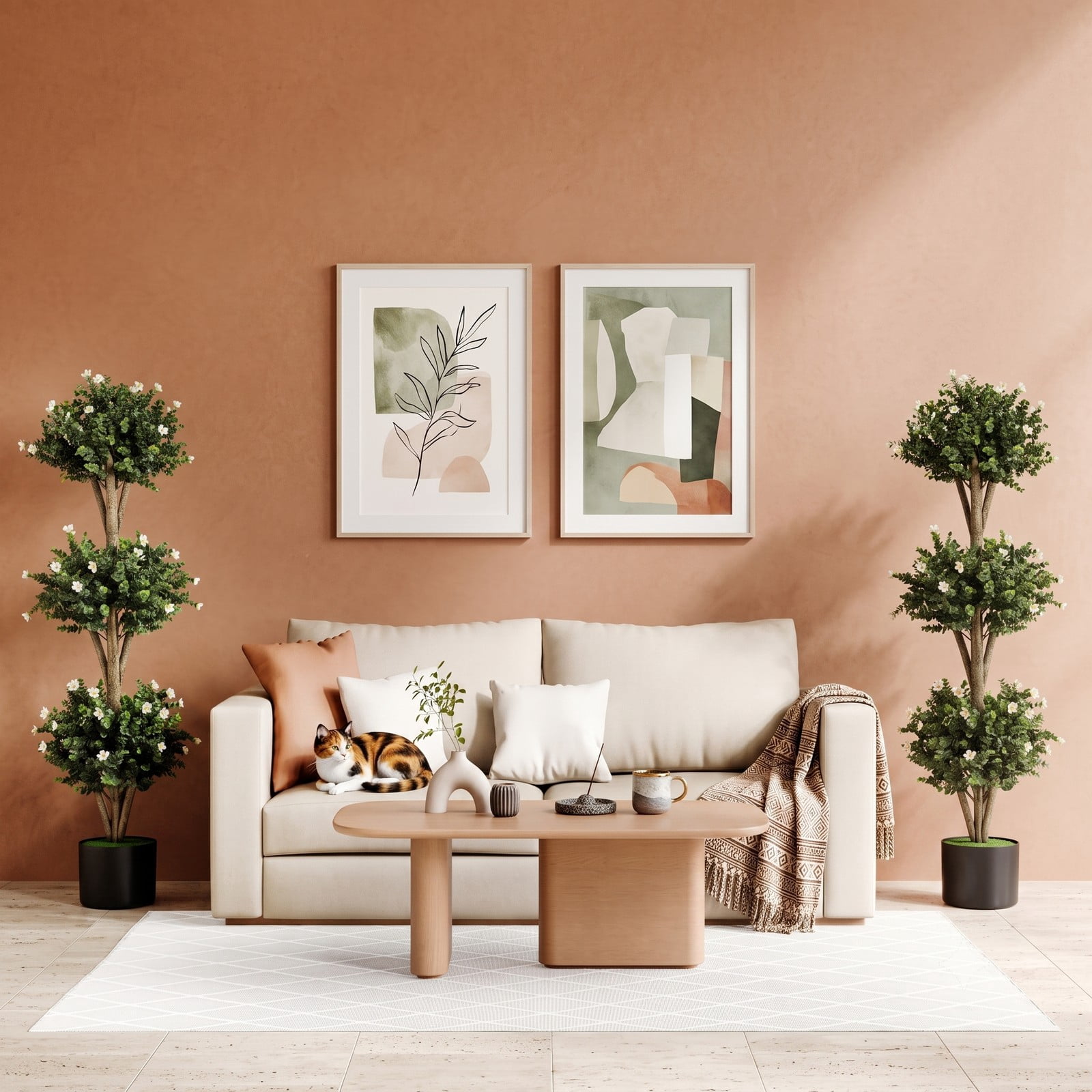 Fenbeli 51 Inch Artificial Triple Ball Boxwood Topiary Tree with 59 White Blossoms, Faux Potted Boxwood Plant with Cement-Filled Pot for Indoor Outdoor Front, White