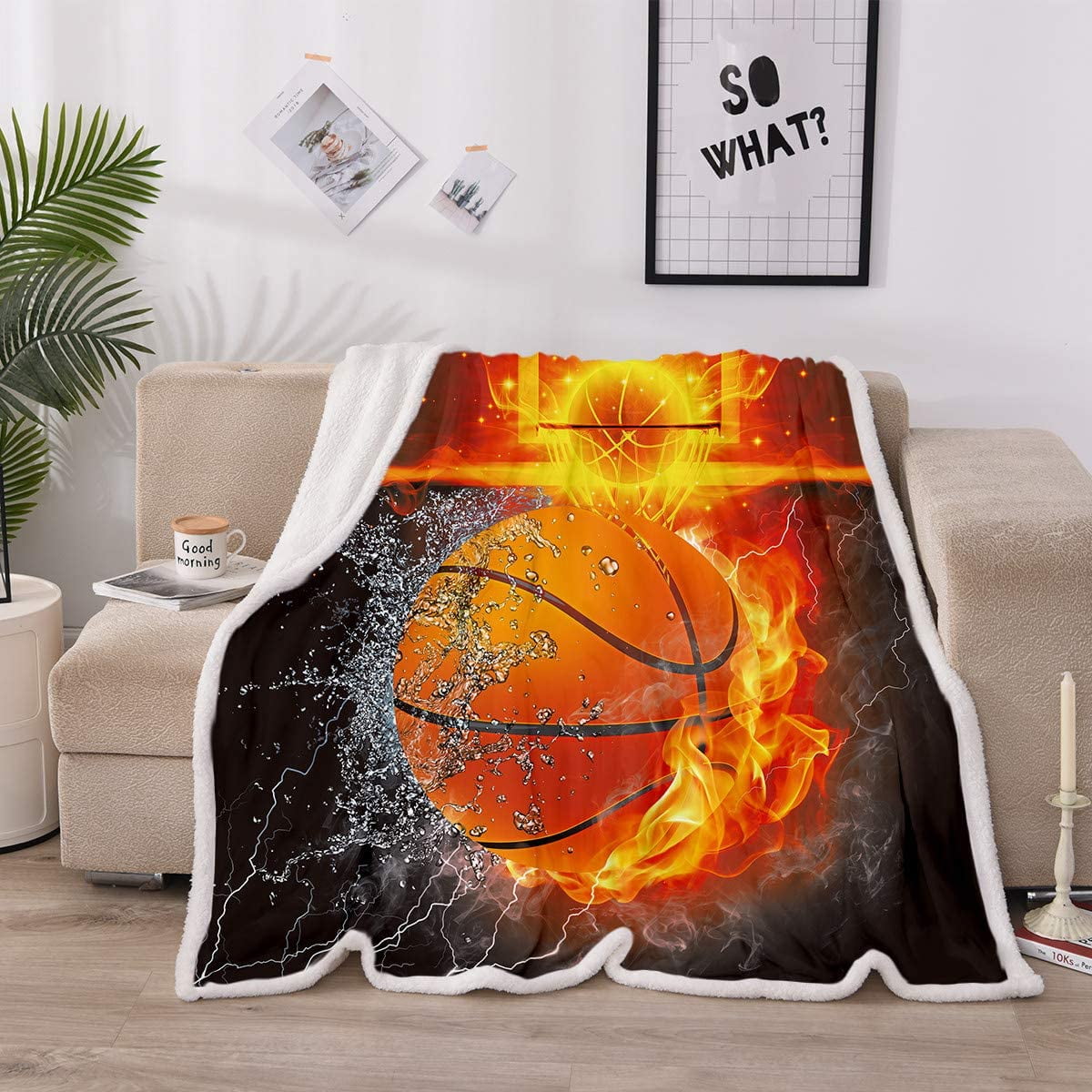 Basketball Sherpa Fleece Blanket Twin Size for Boys Teens Plush Throw