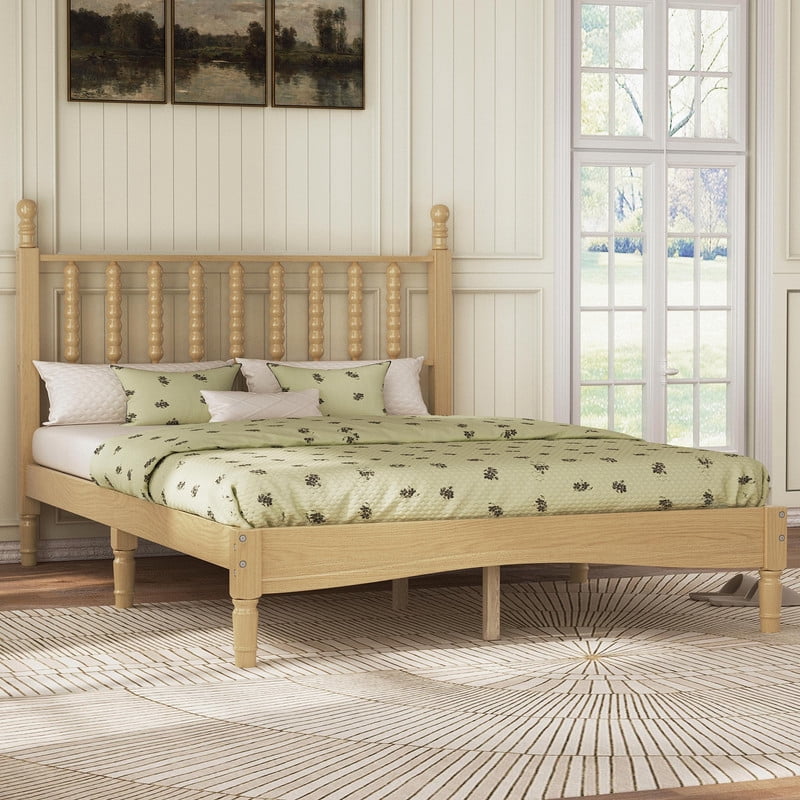 Mid-Century Modern Full Size Wood Platform Bed with Gourd Shaped Headboard, Retro Style Low Profile Bed Frame with Slats Support