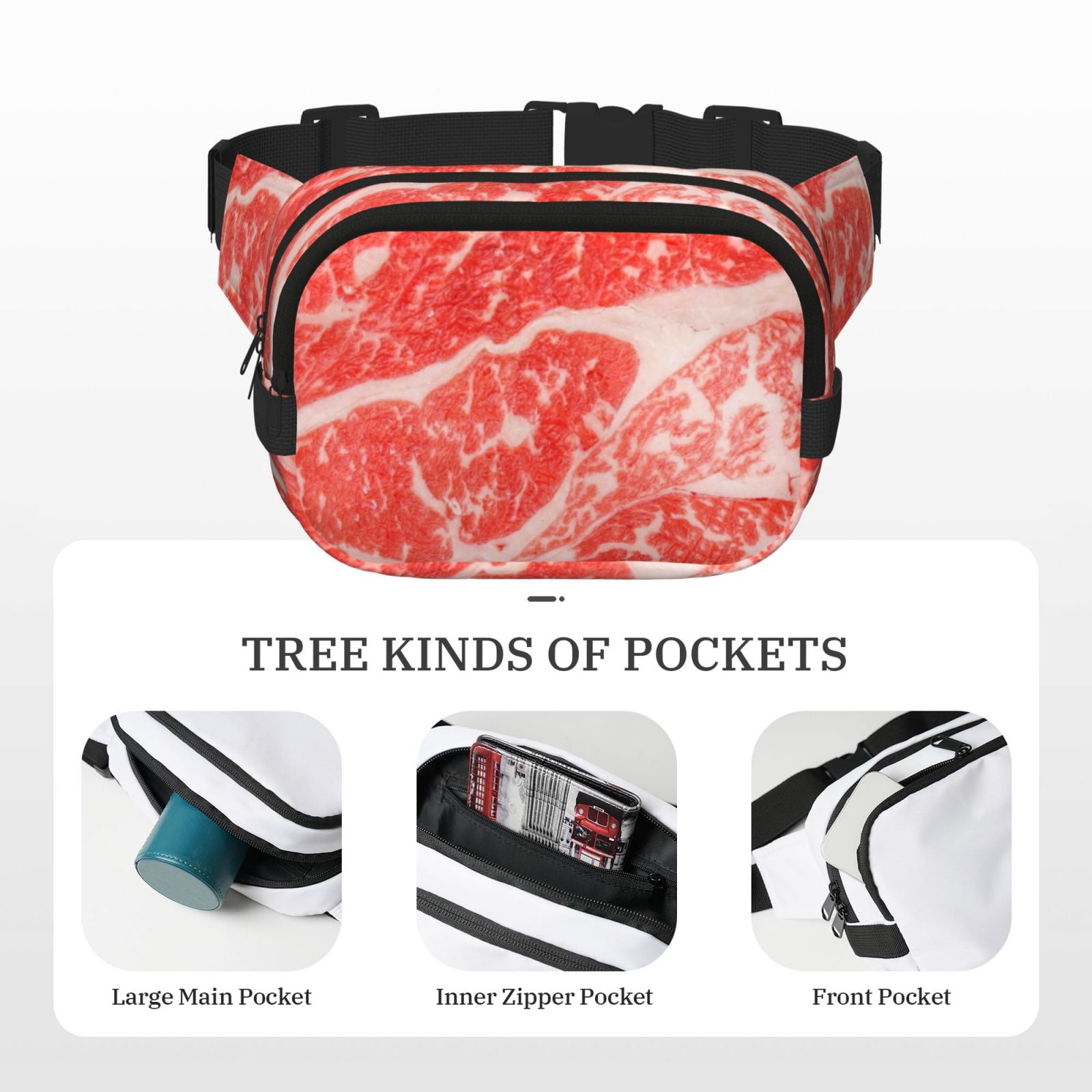 Picia Beef Steaks Print Square Double-Layer Waist Bag Mini Adjustable Waist Belt Bag Exercise Running Travel Hiking