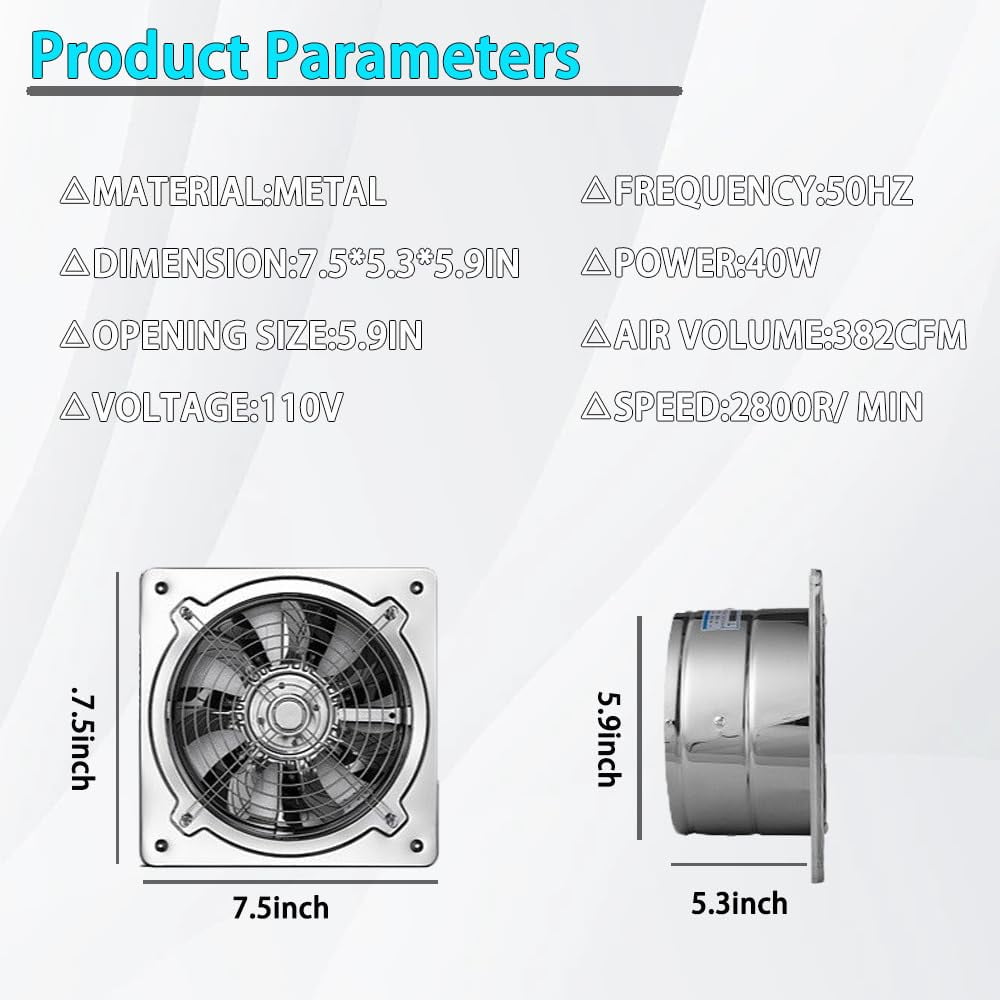 Sherry 6 inch Exhaust Fan, 382CFM Wall Mounted Vent Fans, Ventilation Blower for Ceiling Bathroom Attic Window Basement Ventilation Fan, 110V 40W