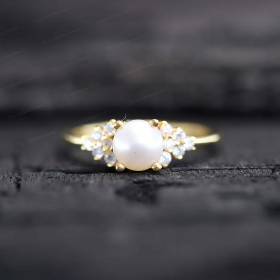 Freshwater Cultured Pearl Ring with Cluster Diamonds in Yellow Gold Plated for Women | June Birthstone Jewelry Anniversry Gift For Wife