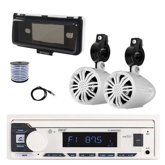 Pyle PLMRB29W2 Single DIN Marine Bluetooth MP3 Stereo Receiver, Cover, 22" Radio Antenna, Wire, 2x 2.25" 10W Max Full Range Waterproof Off-Road Audio Speakers (White)