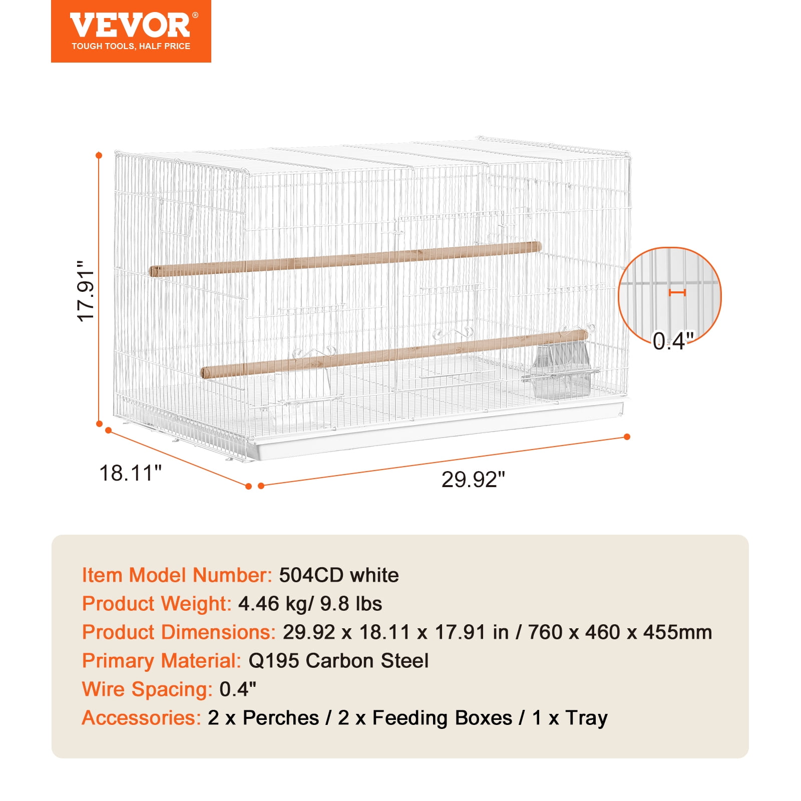 VEVOR 30" Flight Bird Cage, Sturdy Metal Small Parrot Cage with Slide-Out Tray & Handle, Stackable Birdcage for Parakeets Cockatiels Finches Lovebirds