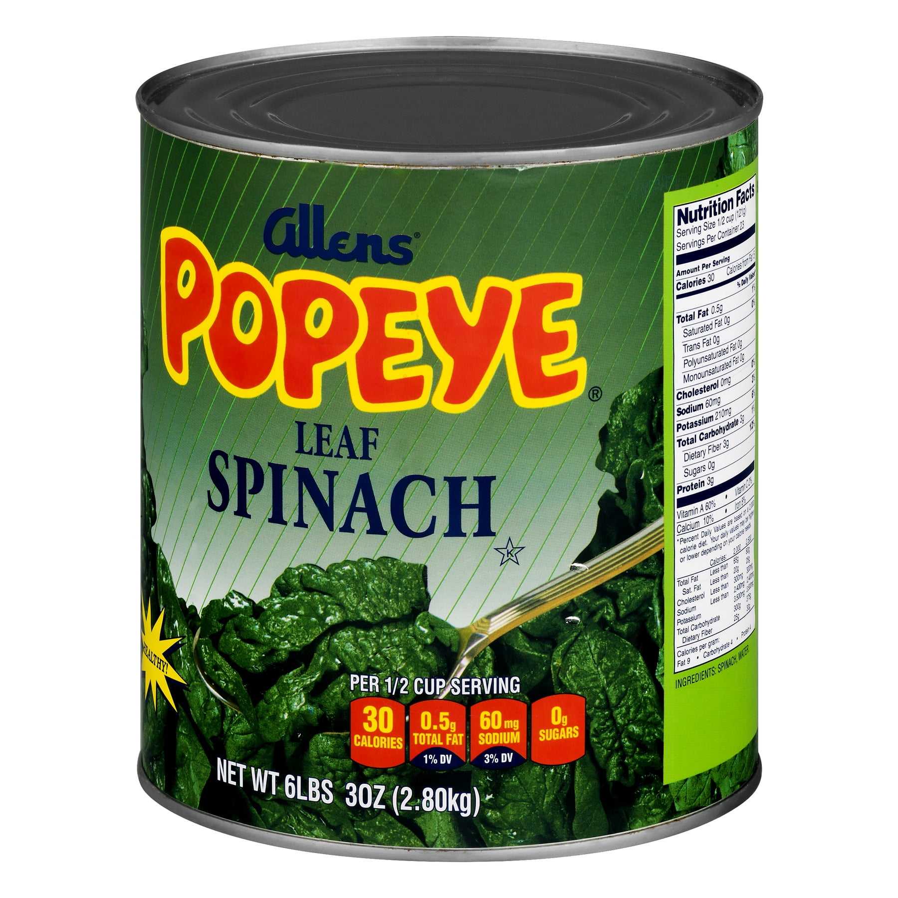 Popeye Canned Leaf Spinach No Salt Added, 99 oz