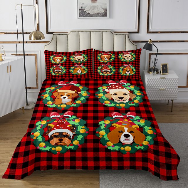 Erosebridal Cartoon Dogs Coverlet Set King For Kids,Plaid Checkered Bedding Set,Geometric Decor,Ultra Soft,3 Pieces