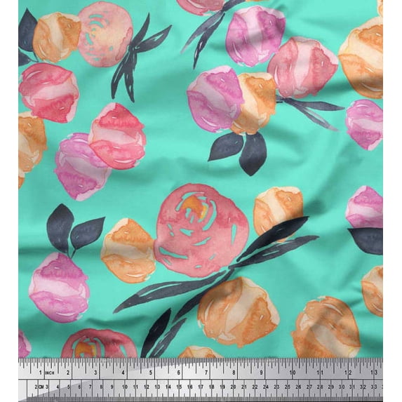 Soimoi Crepe Silk Fabric Flower & Leaves Watercolor Print Fabric by the Yard 42 Inch Wide