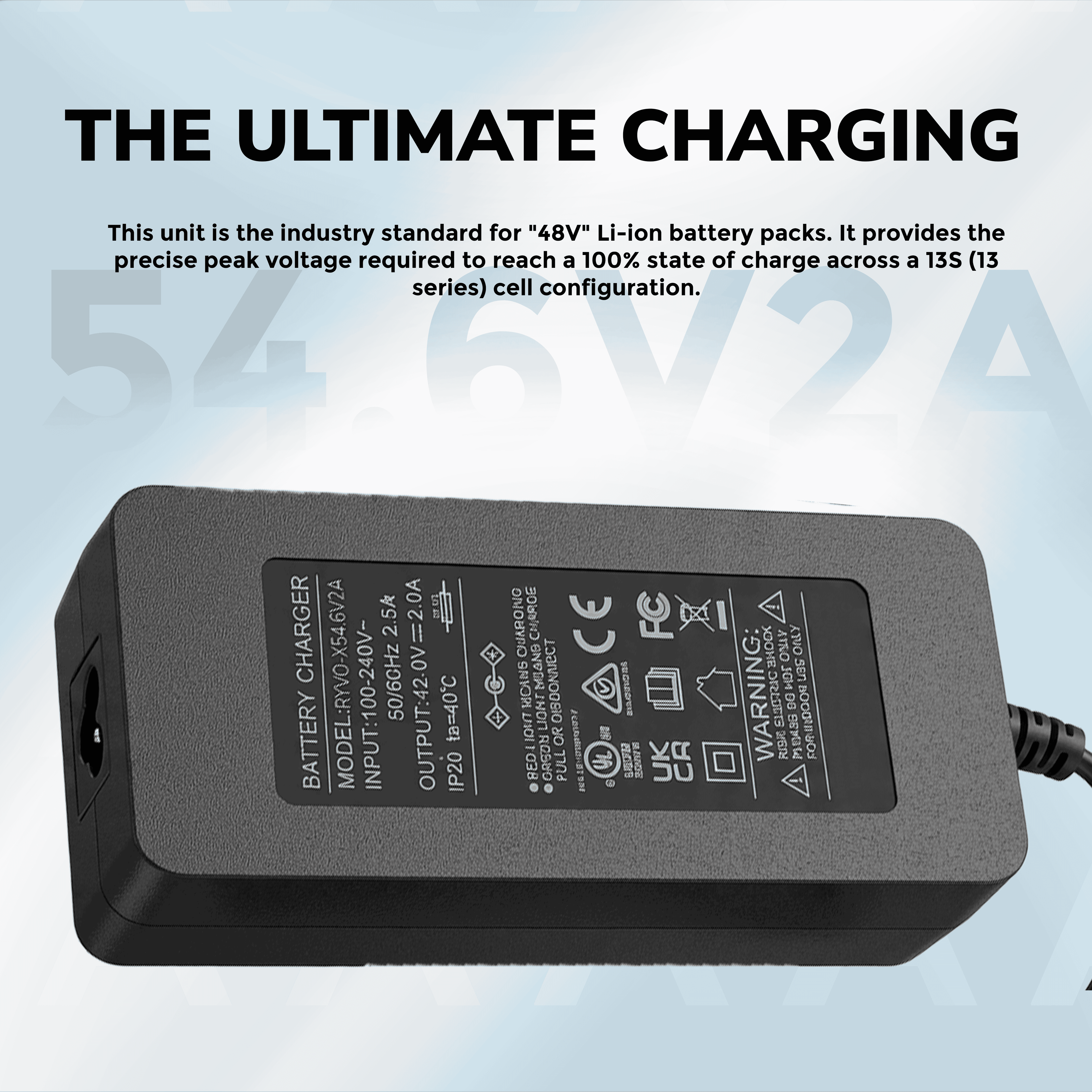 Ryvo-x 54.6V 2A 5.5 x 2.1mm DC Charger for 48V Lithium Ion Battery, UL Certified