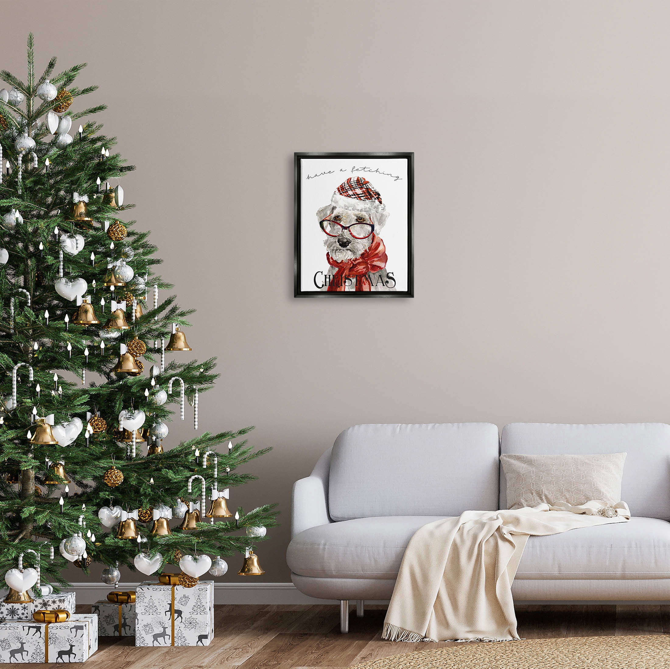 Stupell Industries Have a Fetching Christmas Dog Graphic Art Jet Black Floating Framed Canvas Print Wall Art, Design by Livi Finn