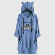 sebulube Women's Ear Hat Mid-length Blouse Mid-sleeve Cute Printed Hooded Loose Top