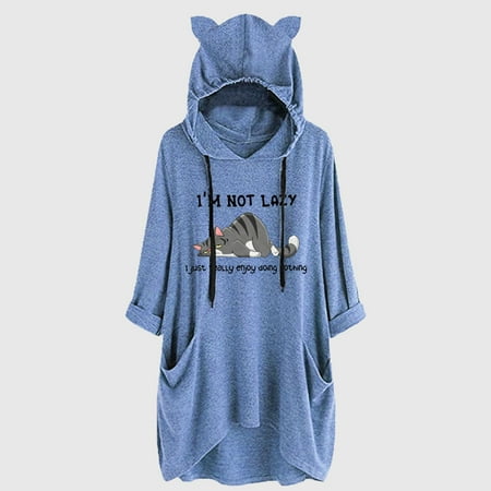 sebulube Women's Ear Hat Mid-length Blouse Mid-sleeve Cute Printed Hooded Loose Top