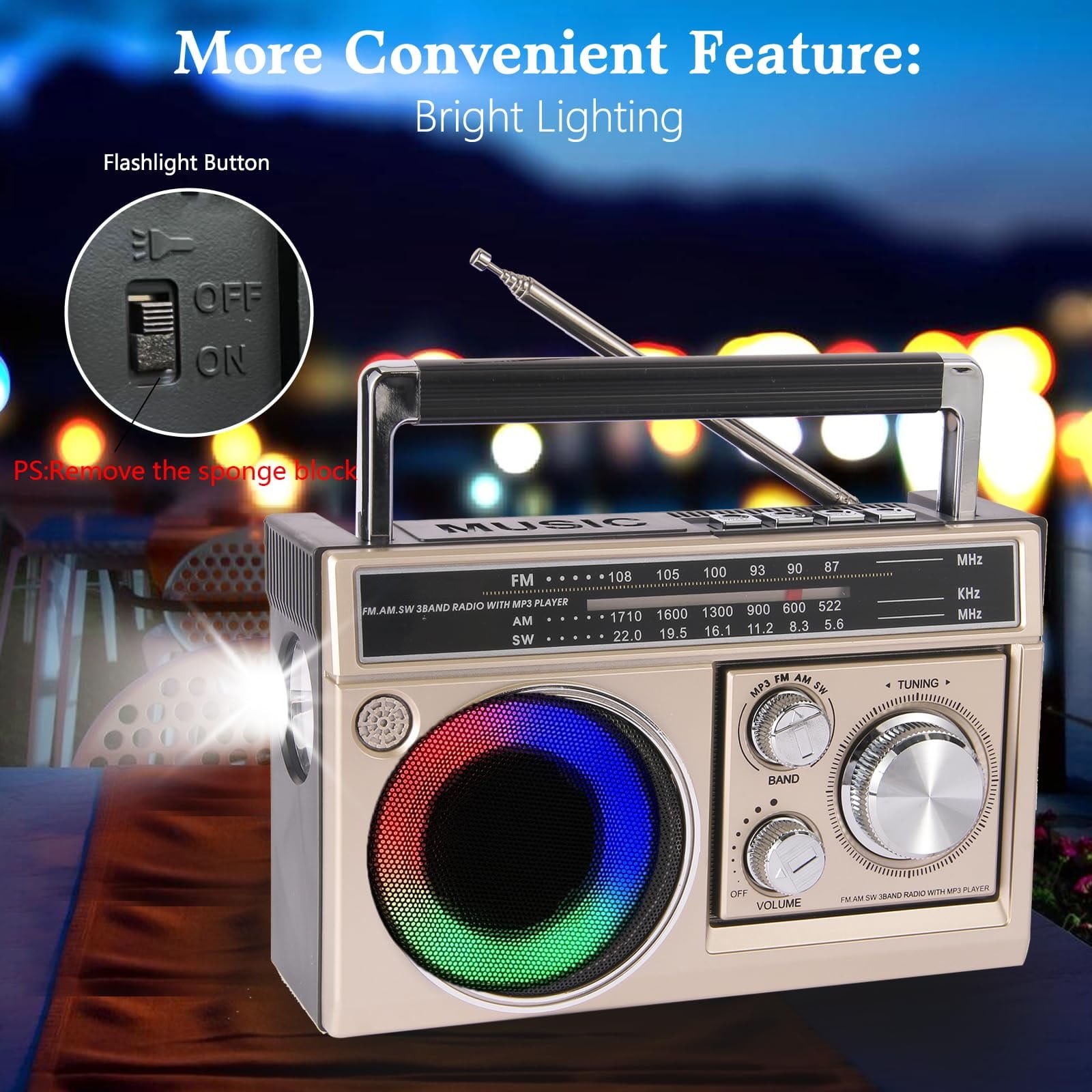 AM FM SW Radio Portable with Bluetooth Speaker, Illumination, USB TF Card Playing, Solar/USB-C Rechargeable Radios, Colorful Light, Transistor Radios Portable Emergency, Bluetooth Radio