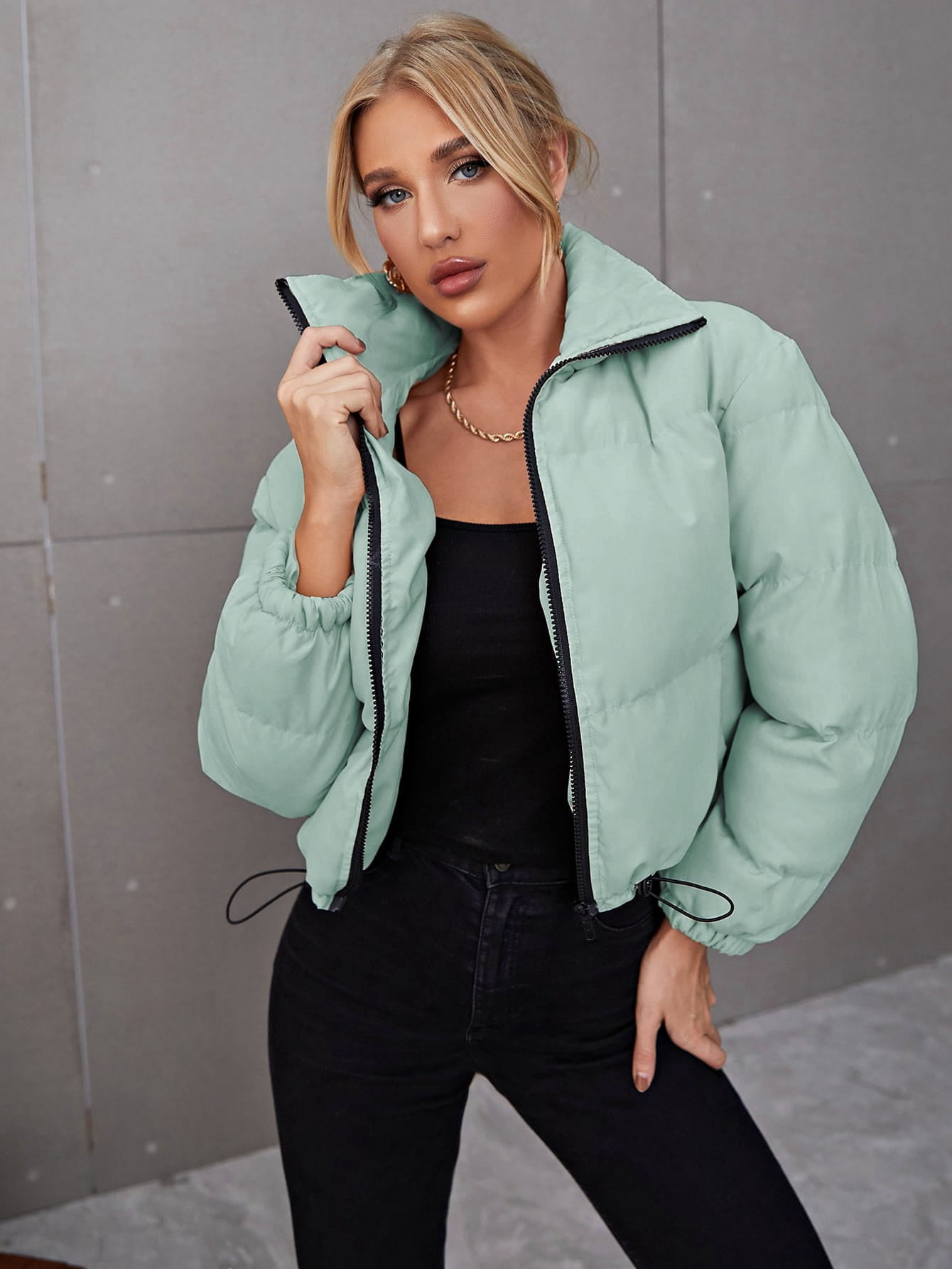 Drawstri Hem Zipper Down Coat M(6) Mint 