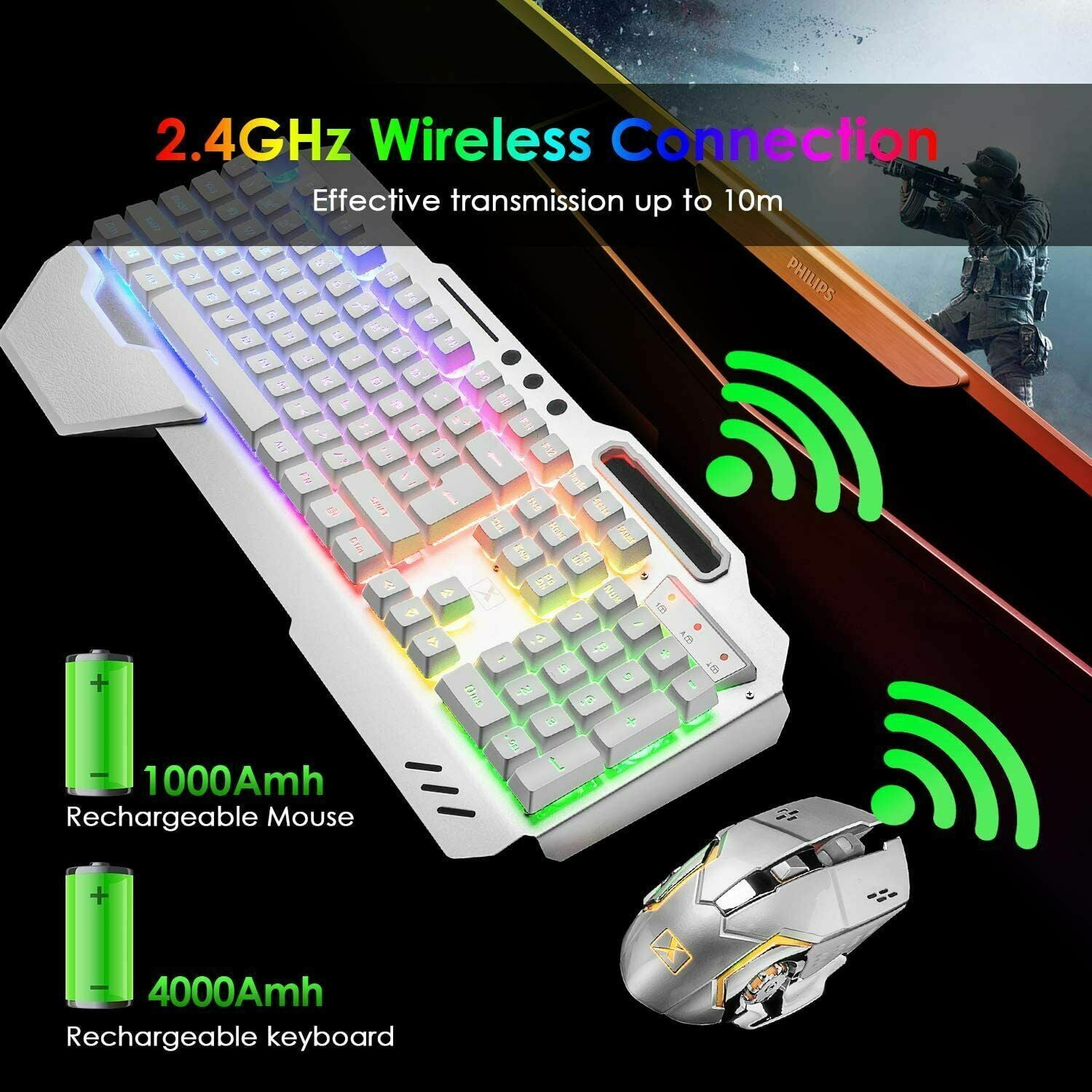 Wireless Gaming Keyboard & Mouse & Headset & Mouse Pad Combo Set 4 in 1,16 RGB Backlit Rechargeable Keyboard with Palm Rest,7 Backlit Gaming Mouse & RGB Bluetooth Headphones for Laptop Computer PC