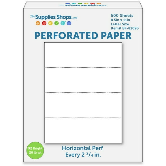 Perforated Paper, Perforated Every 2 3/4", Horizontal on White 20# Letter Size Copy Paper (Ream of 500)