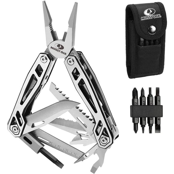 MOSSY OAK Multiherramienta, navaja de bolsillo de acero inoxidable 21 en 1 con funda de destornillador, alicates autoblocantes con funda, perfecta para exteriores, supervivencia, camping, senderismo,