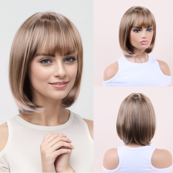 Nueva Peluca Castaño Corta Lisa Esponjosa Moldeadora de Rostro Alta Elasticidad Malla Rosa Falso Tocado