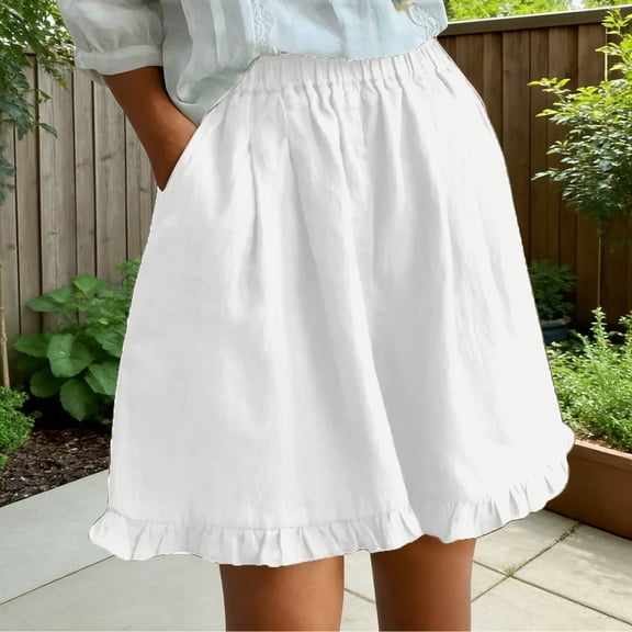 Cagogo Womens Cotton Linen Shorts Elastic Waist Flowy Solid Casual Mini Skirt Skirtlike Summer Beach Vacation Lounge Trousers Loose Fit Pockets Daily Wear, White L