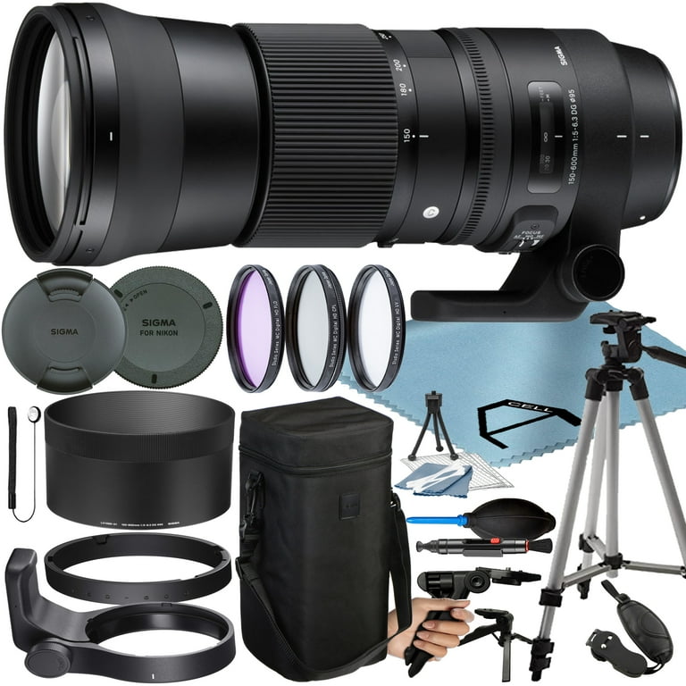 Sigma 150-600mm F/5-6.3 DG OS HSM Contemporary Lens for Nikon F with Tripod  + 3 Pieces Filter + A-Cell Accessory Bundle