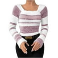 thumbnail image 3 of Ounisa Women's off Shoulder Striped Knit Scoop Neck Sweater Color Block Pullover Long Sleeve Cute Trendy Cozy Sweaters, 3 of 7