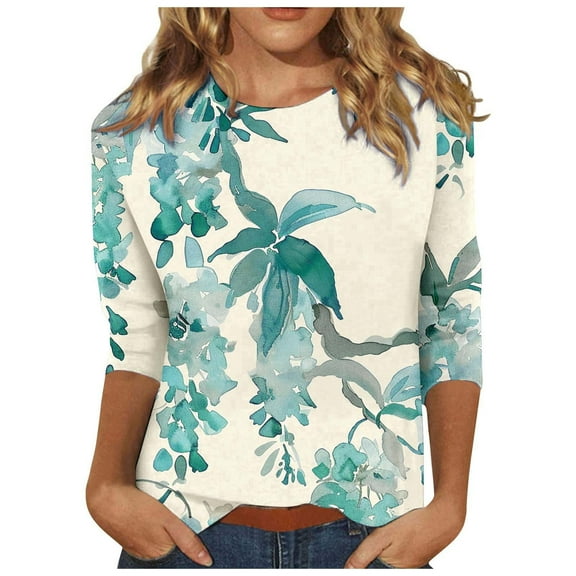 miqiqism Women's Trendy Crew Neck Tee Shirts Juniors Vintage Floral Printed Blouses Teen Girls Casual Long Sleeves Slim Fit Shirt Trendy Tunic Clothing,Light Blue,Medium