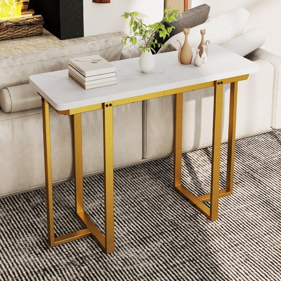 Sunshen 42" Console Table, Modern Faux Marble Entryway Table,Geometric Metal Frame & Anti Slip Foot Pads, Narrow Long Sofa Table Behind Couch for Living Room, Hallway, Foyer, Entrance,White gold