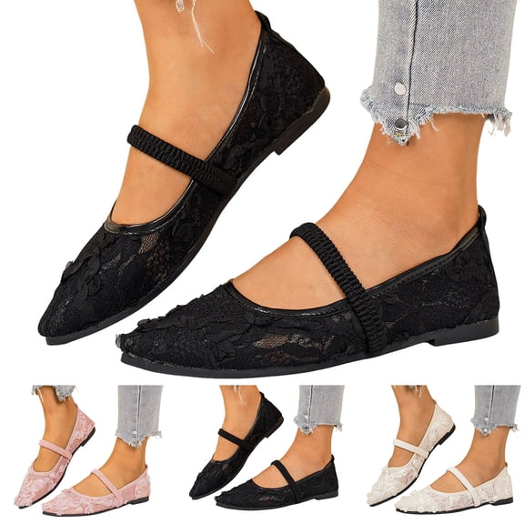 Pandaie Women's Ballet Flats Closed Pointed Toe Flower Mesh Mary Jane Comfortable Dressy Work Slip on Casual Shoes Black 6.5