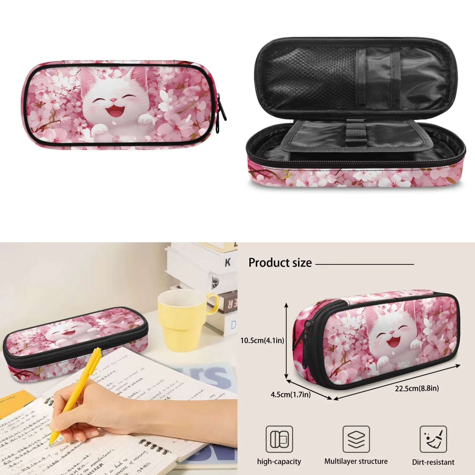 Pzuqiu Cherry Blossom Cat School Backpack Set of 4 Back Pack with Lunch Box Pencil Case Water Bottle Bag Backpacks for School Girls with Adjustable Shoulder Strap Student Bag