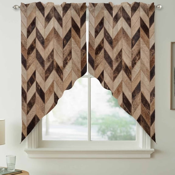 Chevron Hide Swag Kitchen Curtain Valances, Rustic Vintage Western Abstract Brown Beige Tan Plaid Rod Pocket Curtains Window Treatment Decor Valances for Bedroom Bathroom, 2 Panels 36 x 63 Inch