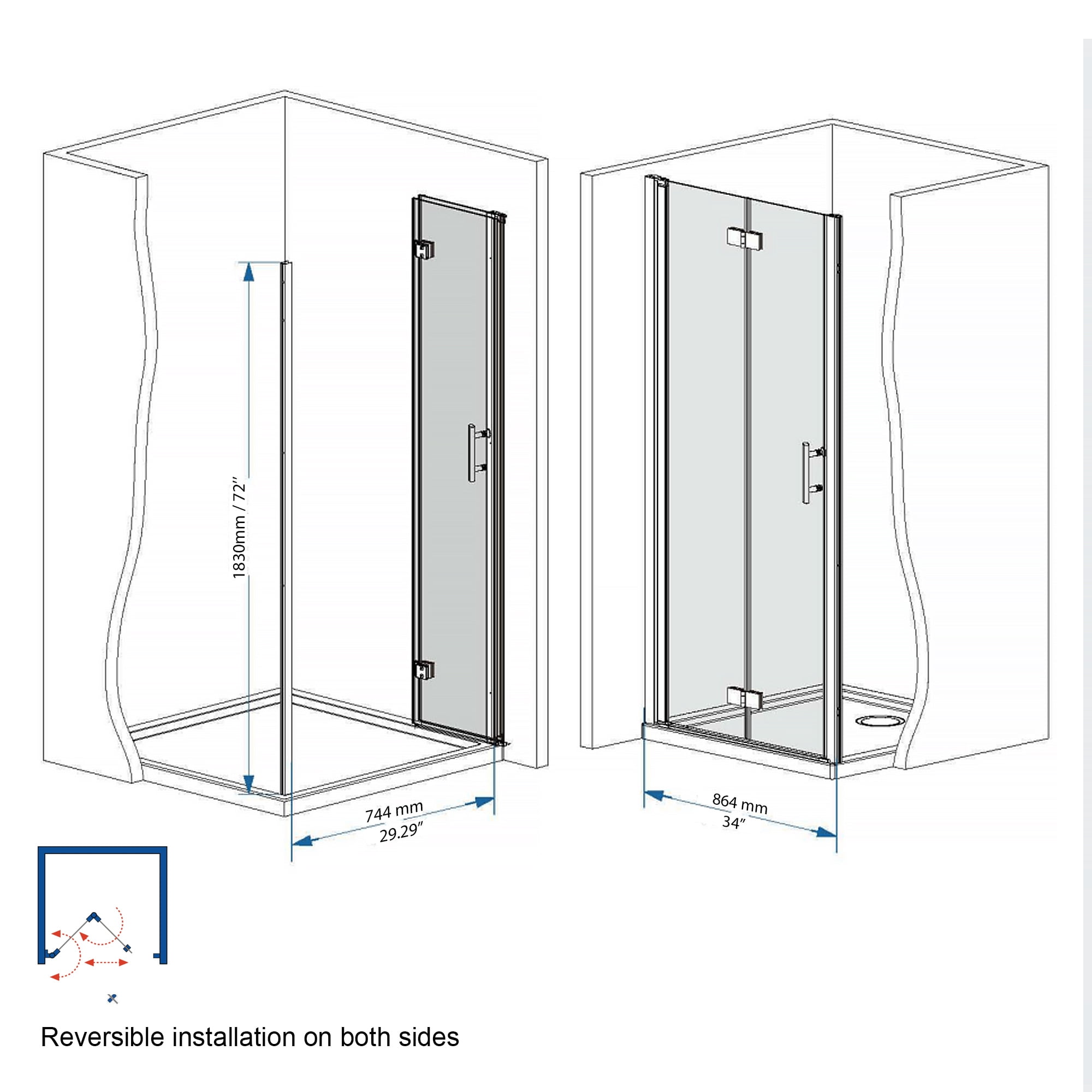 Leumius 34-35" x 72" Bifold Shower Door,Half Frame Shower Door,1/4"(6mm) Tempered Glass with Matte Black Aluminum Frame
