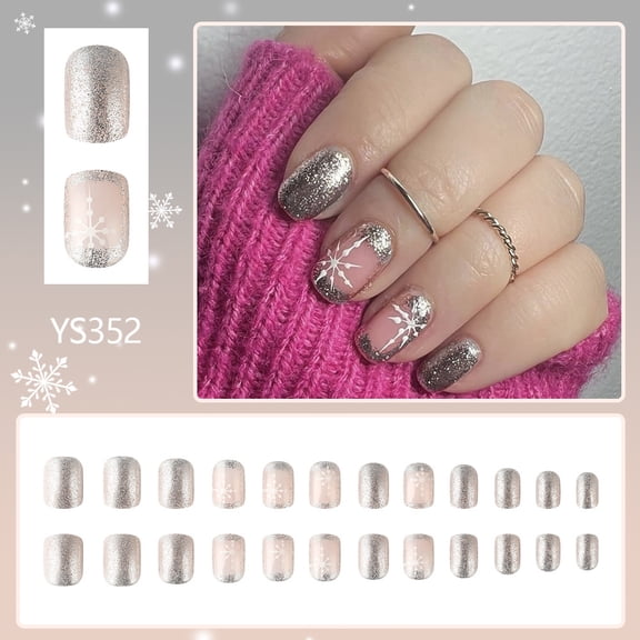Snowflake Press on Nails Short Square Fake Nails, Christmas Press on Nails Gold Glitter with Design Full Cover Glue on Nails Glossy Artificial Christmas Nails Christmas False Nails for Women DIY 24Pcs