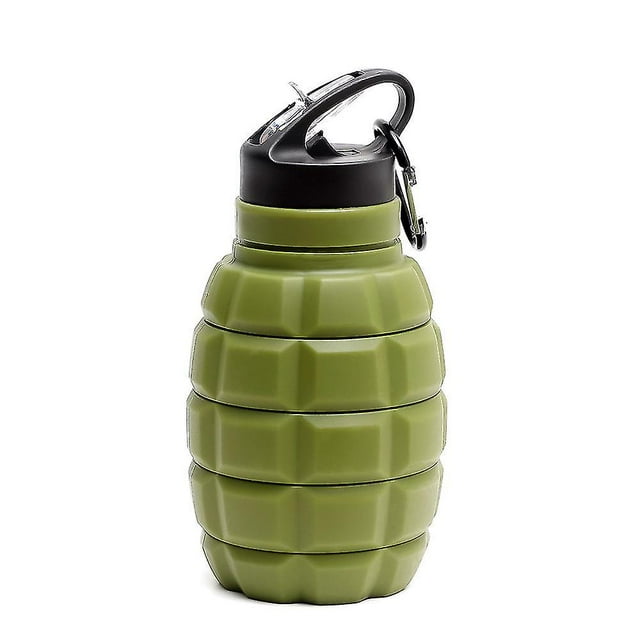 Nueva botella de agua de granada plegable, botella de agua de silicona de grado alimenticio para ciclismo, senderismo, con mosquetón, juego de bebidas, verde militar, 580ml