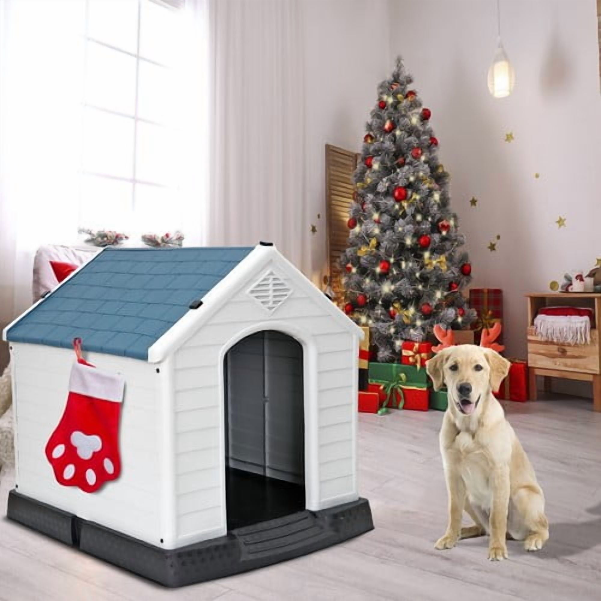 SONGMY 32'' All-Weather Pet Dog House, Blue Waterproof Animal House Shelter, Outdoor Dog Kennel for Medium Dogs