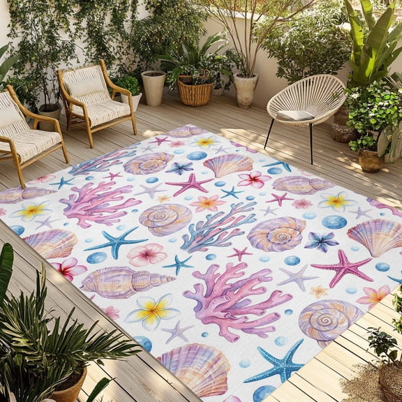 Beach Coastal Outdoor Rug for Patio/Deck/Porch, Non-Slip Large Area Rug 6 x 9 Ft, Ocean Summer Nautical Shell Starfish Coral Indoor Outdoor Rugs Washable Area Rugs, Camping Rug Carpet Runner