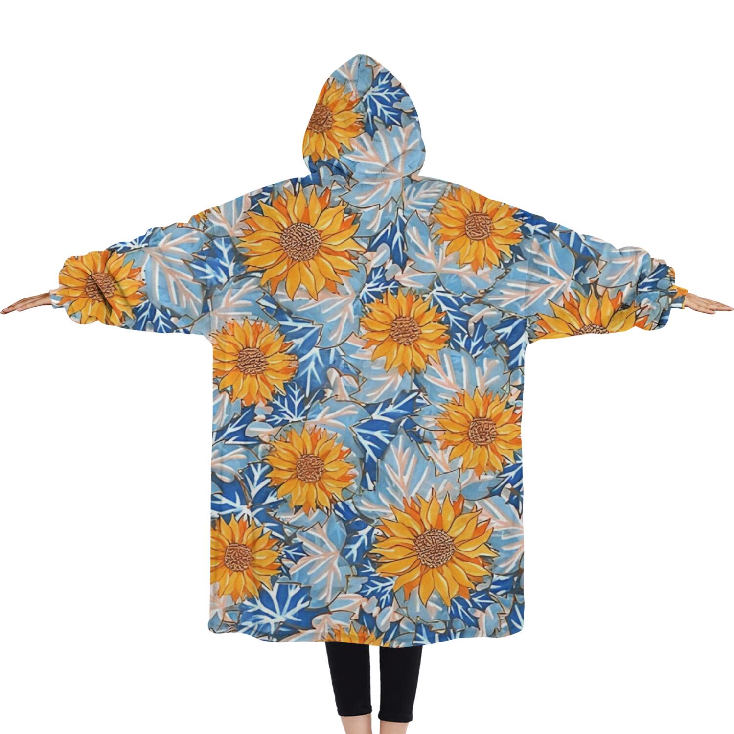 Oversized Wearable Blanket Hoodie,Blue Orange Sunflower Leaf Pattern Sherpa Blanket Hoodie with Super Pockets,Super Warm Fuzzy Pullover for Women & Men