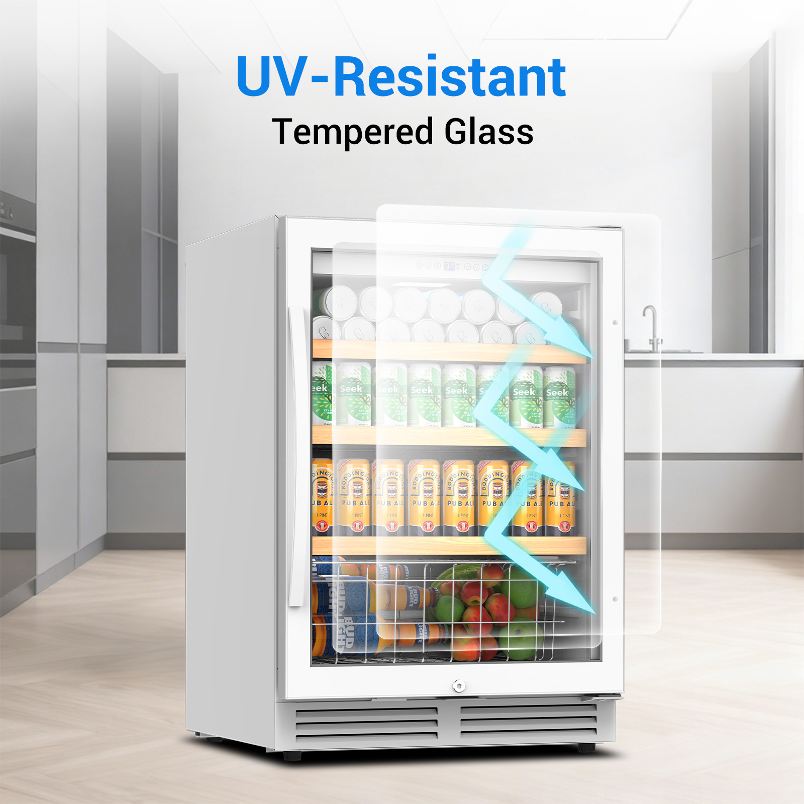 TITTLA 24 inch Beverage Refrigerator,180 Cans Under Counter Beverage Cooler with Glass Door for Kitchen Bar Office,White