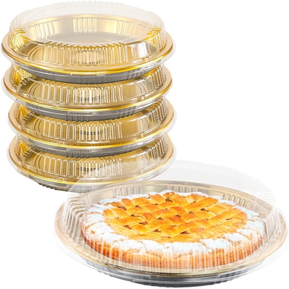Tutuviw 5 Pcs Plastic Disposable Pie Containers with Clear Lid 9.8in Disposable Round Pie Keeper Dessert Containers Plastic Bakery Box for Cake Salad Storing Baking Meal Prep (Gold)