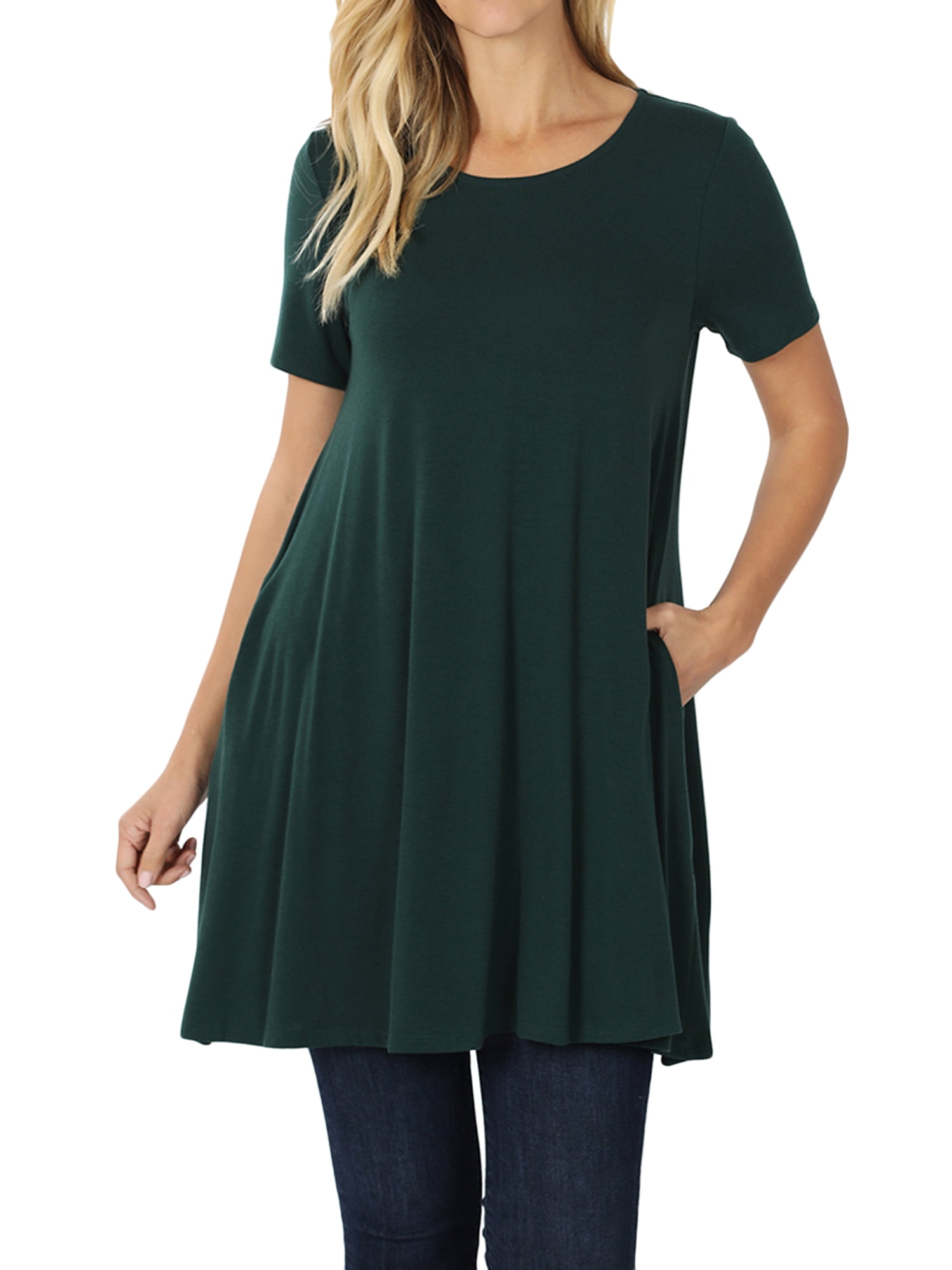 TheLovely Women & Plus Round Neck Short Sleeve Long (33") Tunic Top